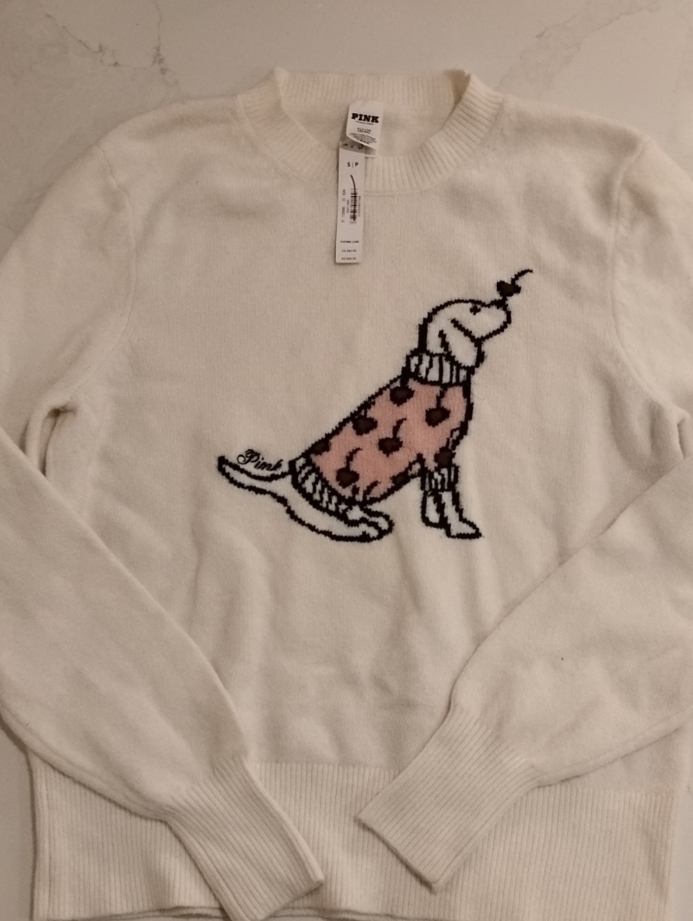 PINK Victoria's Secret Cream Crewneck Sweater with Pink Graphic Skate Dog